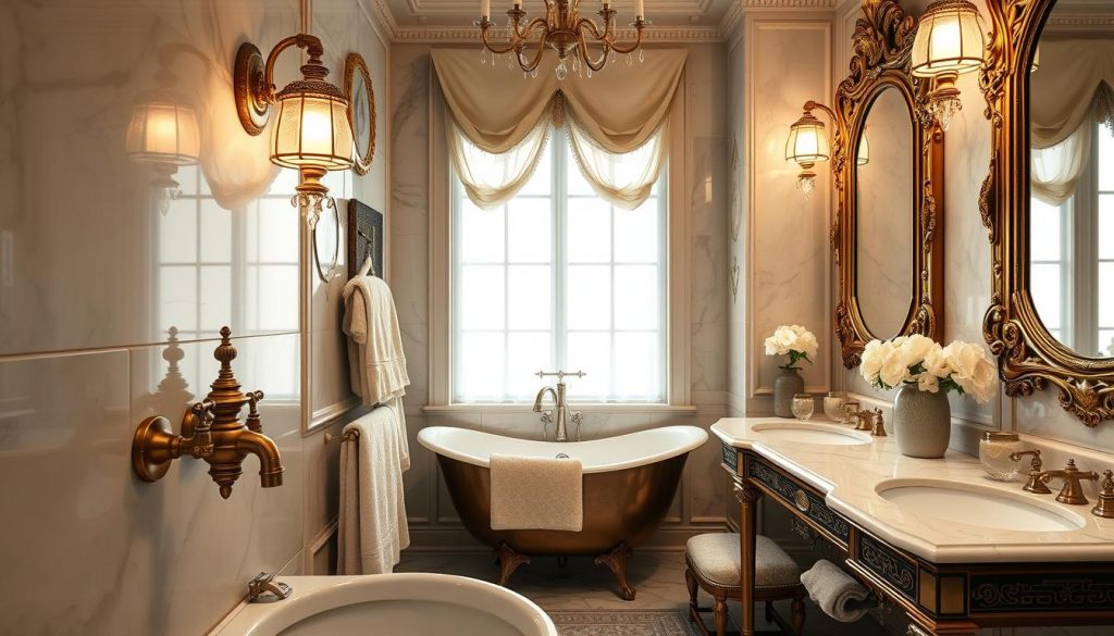 antique brass fixtures in bathroom