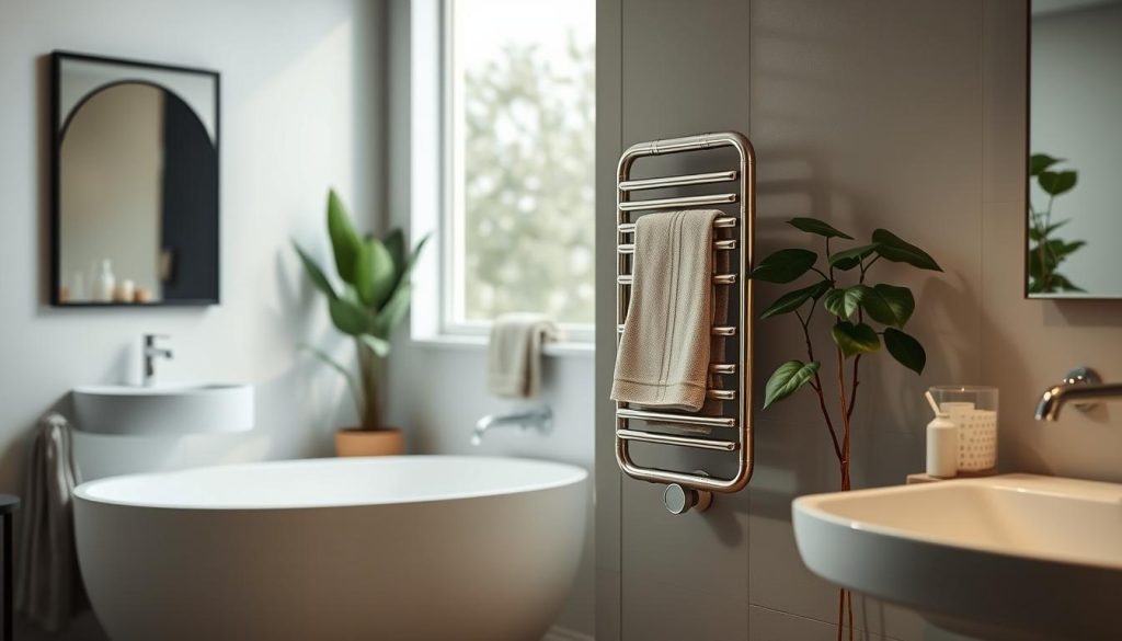 antique towel warmer in modern bathroom