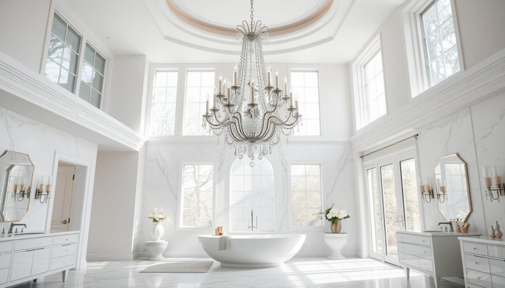 crystal chandelier in a spacious bathroom