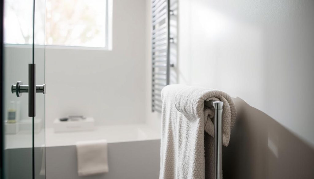 luxury towel warmer in a small bathroom