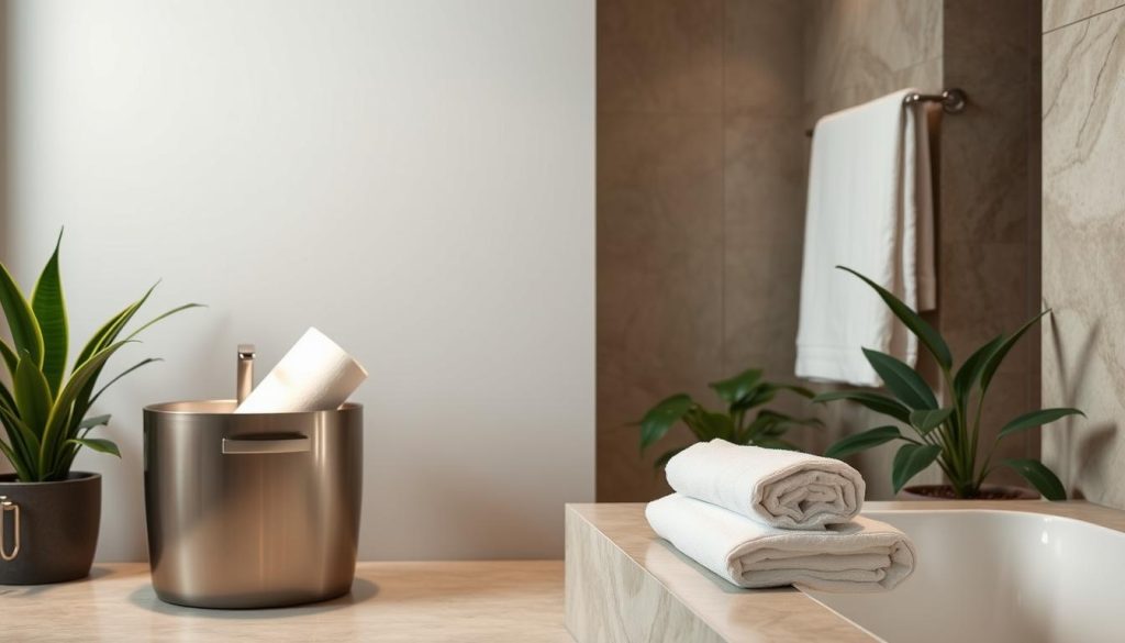 spa-inspired bathroom design with towel warmer bucket