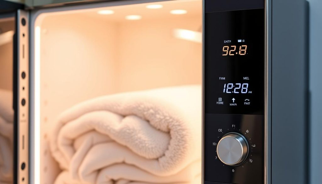 Temperature control features in heated towel cabinets